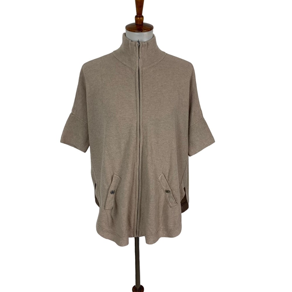 White House Black Market Sweater XS Tan Zip Up Short Sleeve Work Chic